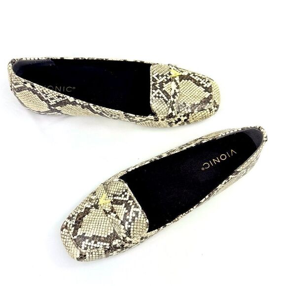 Vionic HAYES Cream Brown Snakeskin Print Slip On Orthotic Driving Loafers - Picture 5 of 16